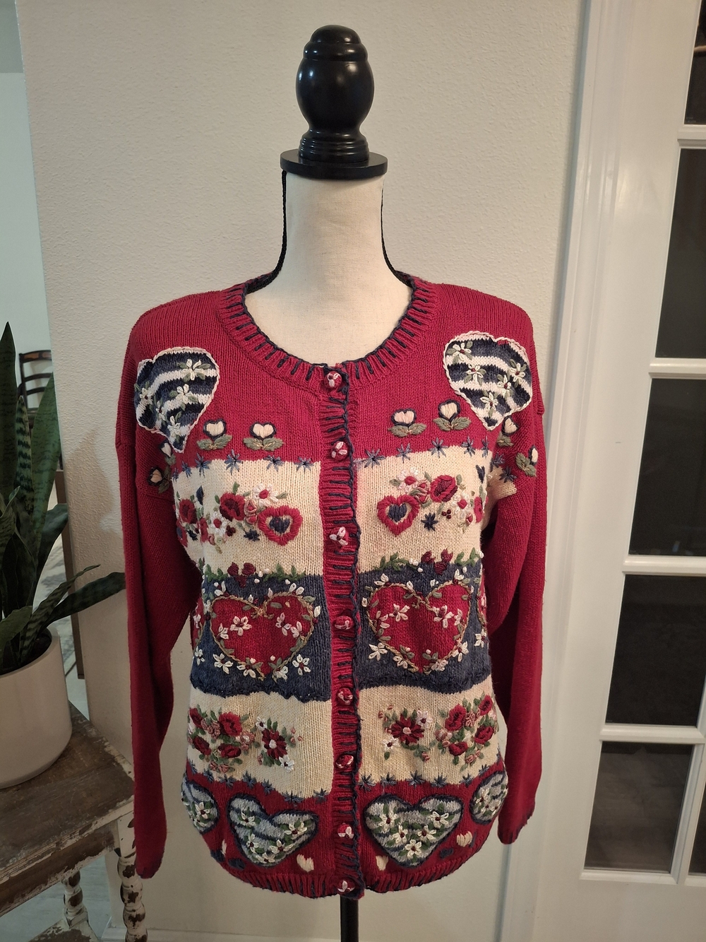 Cottagcore Heart & Floral Knit Button-Front Cardigan in Red